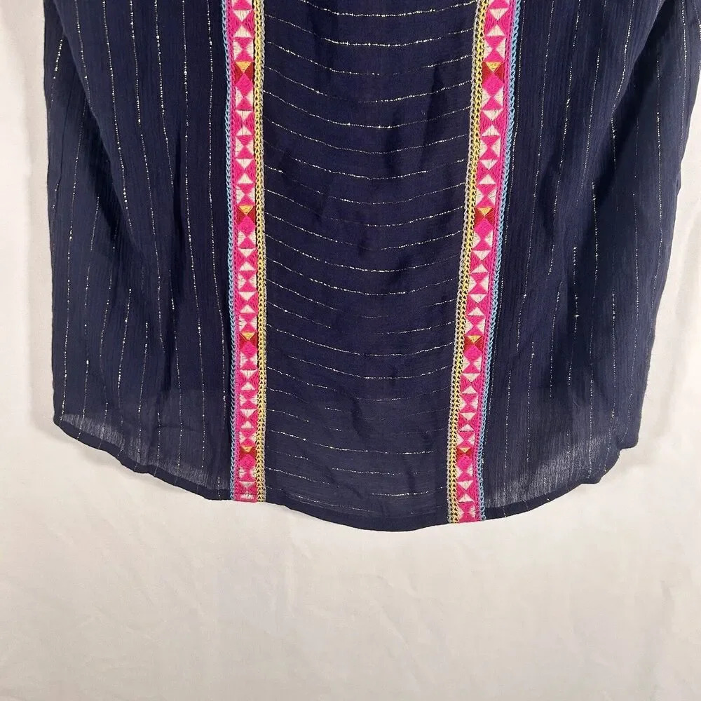 THML Top Women's XS Blue Striped Gold Vneck Lightwieght Rayon - Picture 3 of 10